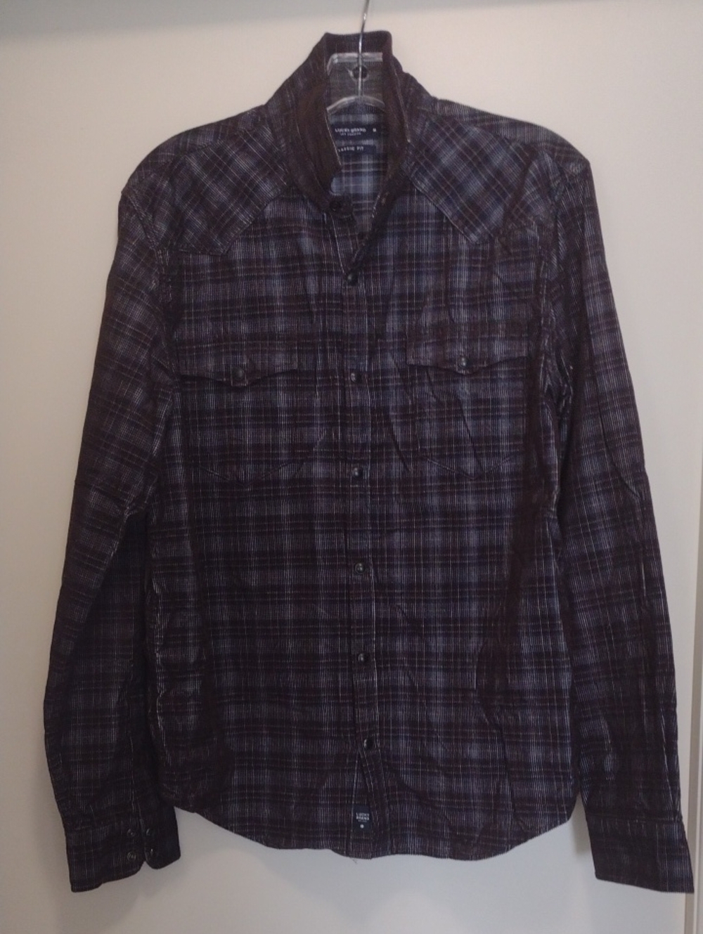 Lucky Brand Classic Fit Brown And Gray Plaid Button Up Shirt (J791)